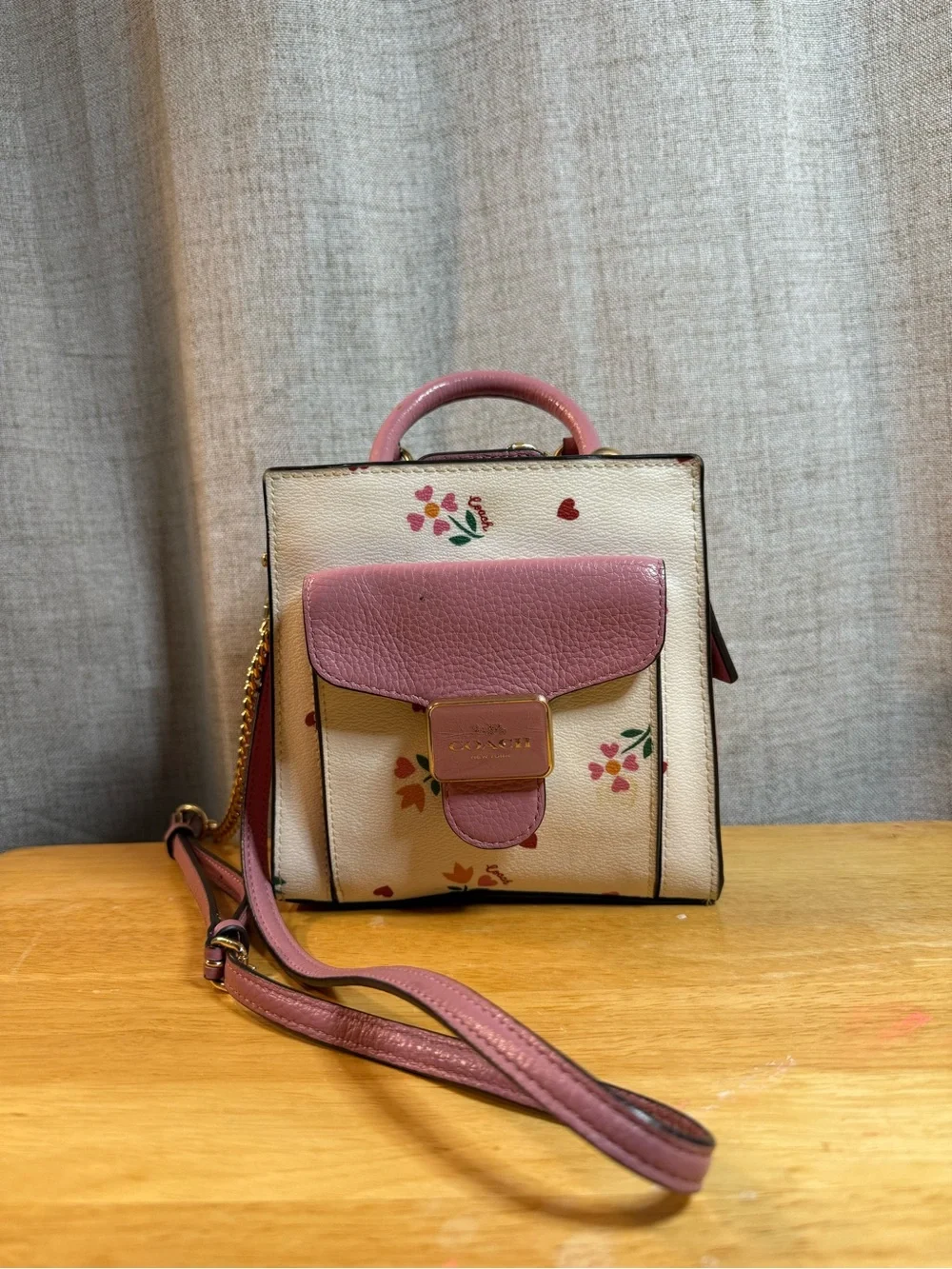 Coach Cream and Pink Floral Mini Crossbody Satchel